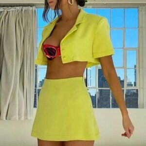 Mirror Palais – Silk Crop Top & Mini Skirt Set in Lime (NWOT)
